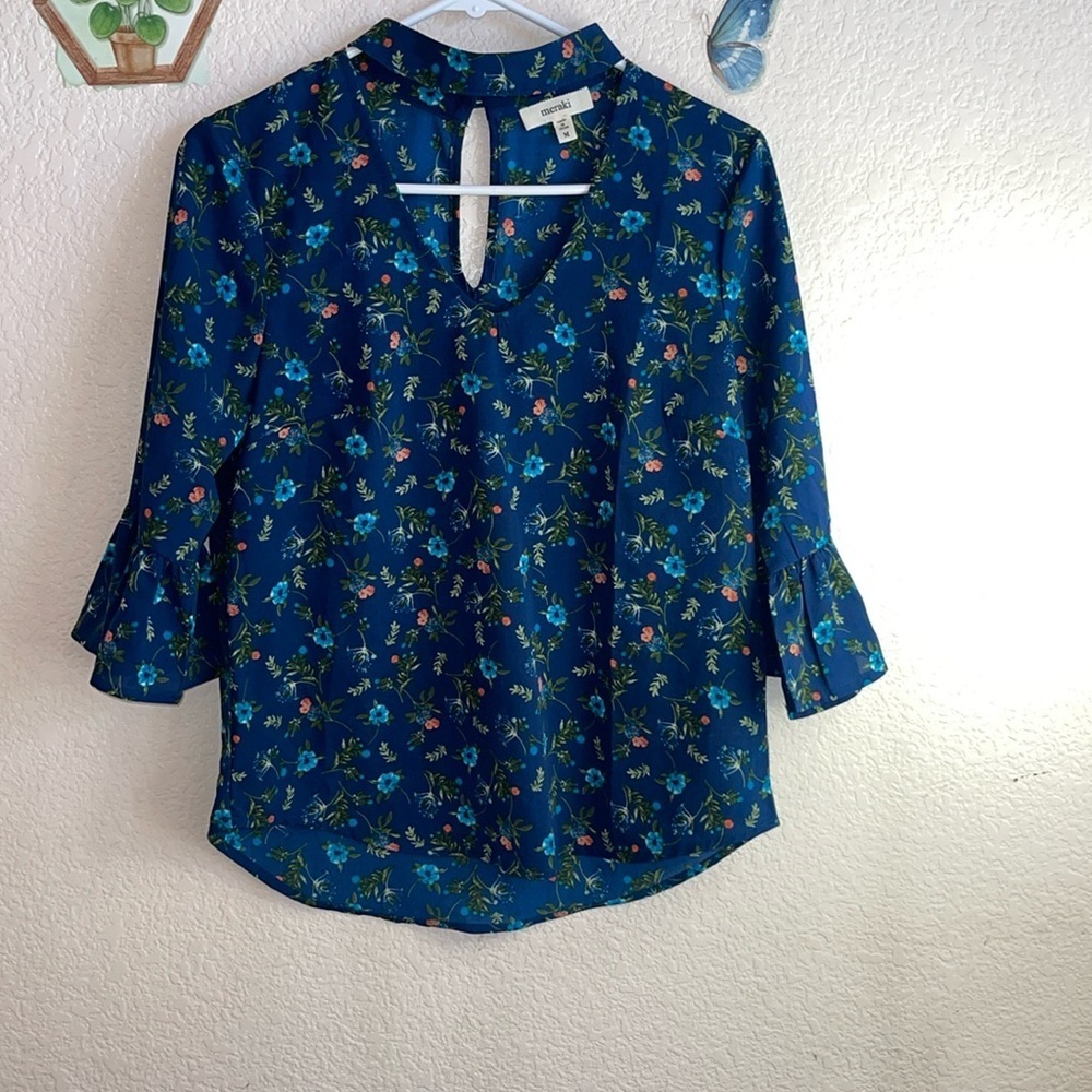 Meraki Blue Floral Blouse with Choker Collar